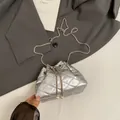 Quilted silver bucket bag with rhinestones, pearl drawstring, and metal chain strap - Silver (No Handle)