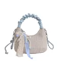 Borsa hobo chic in tessuto beige e azzurro con ciondoli a forma di perla e fiocco - Blu