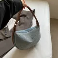 Denim hobo tas met strass en bruin lederen handvat voor damesmode - Lichtblauw Strass