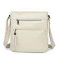 Borsa a tracolla verticale crema con cerniere multiple e nappa in pelle decorativa - Bianco Sporco