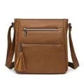 Borsa a tracolla vintage marrone con multi-zip e dettaglio decorativo con nappa - Marrone Giallastro