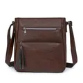 Borsa a tracolla verticale marrone scuro con nappa retrò e tasche multi-zip in PU - caffè