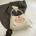 Sac fourre-tout beige en velours côtelé avec imprimé chat rose et cerise, style décontracté - Style Chat Velours Côtelé / Blanc