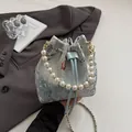 Light blue bucket bag with koi embroidery and pearl handle in elegant Chinese style - Blue