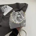 Blue satin bucket bag with pink butterfly embroidery and large pearl handle for women - Silver