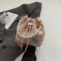 Pink jacquard bucket bag with pearl handle and koi pattern in new Chinese style - Pink Koi Fish