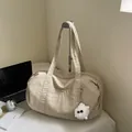 Minimalist beige waterproof nylon tote bag with large capacity and plush charm - Rice White (No Pendant)