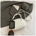 Mini white Boston handbag with black heart prints and a matching leather card holder tag - White With Pendant