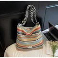 Borsa tote in paglia a righe colorate con tracolla a motivi geometrici intrecciati - Multicolore Senza Ciondolo
