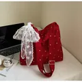 Borsa tote rossa floreale con fiocco in pizzo e tracolla regolabile per donna - Borgogna