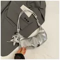 Metallic silver crescent shoulder bag with star and balloon dog charms in faux leather - Star Pendant Included / Silver