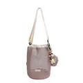 Borsa a secchiello in rete marrone con finiture in pelle beige e portamonete tondo - Con Ciondolo / Cachi