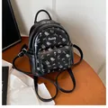 Mini black PU leather backpack for women with purple floral patterns and adjustable straps - No Pendant / Black