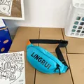 Waterproof blue oxford sling bag with black adjustable strap and bold text print - Blue