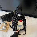 Black corduroy crossbody phone bag with white polka dots and cute puppy embroidery - Dog