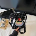 Black polka dot canvas crossbody bag with strawberry cake embroidery and long strap - Cake