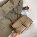 Retro khaki litchi grain leather square bag with vintage metal buckle and thin strap - Khaki