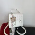 Mini plaid backpack in beige and khaki with cute plush bear charm for summer casual style - White With Pendant / White