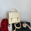 Mini cream yellow and white plaid backpack with a cute plush bear charm for women - Yellow Without Pendant