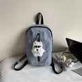 Gray-blue nylon backpack with black zipper details and a cute white plush dog pendant - With Charm / Blue