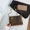 Vertical striped crossbody bucket bag in brown with gold chain and animal charm - Brown