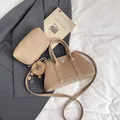 Khaki pebbled leather shoulder bag set with lion charm and small coin purse - With Pendant / Khaki