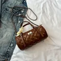Sac cylindrique matelassé marron avec bandoulière chaîne et nœud en dentelle - Marron