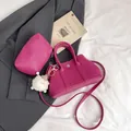 Magenta lychee leather underarm bag set with plush sheep pendant and thin strap - With Pendant / Rose Red
