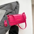Pink crocodile pattern shoulder bag for women in shiny faux leather with gold text - Crocodile Embossed Flap Bag (Rose Red) / Rose Red