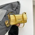 Metallic gold baguette shoulder bag with crocodile pattern and adjustable strap - Crocodile Embossed Flap Bag (Gold) / Gold