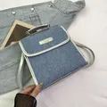 Blue denim and silver leather square backpack with top handle and adjustable straps - No Pendant / Silver