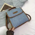 Retro denim backpack with brown leather trim and fashion engraved patch detail - No Pendant / Brown