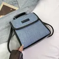 Light blue denim and black leather backpack with flap closure and fashion logo - No Pendant / Black