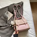 Vintage preppy style pink patchwork backpack and shoulder bag with fluffy charm - Pink with Pendant