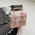 Bolso bandolera rosa estilo preppy de cuero PU con solapa a cuadros y lazo dulce - Rosa