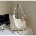 Cream white vintage soft PU leather tote bag with a cute bear charm for daily commute - Off-White (With Pendant)