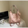 Pink marble pattern large capacity tote backpack with a cute brown bear charm - Pink (With Pendant)