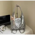 Silver-gray marble pattern 2-way tote and backpack with plush bear charm decoration - Silver (With Pendant)