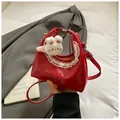 Red glossy cloud bag with white lace trim and cute plush bunny charm for women - Large / Red