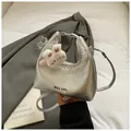 Silver metallic cloud bag with white lace trim and cute bunny plush charm detail - Large / Silver
