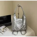 Silver metallic tote bag in soft leather with large capacity and versatile shoulder straps - Silver (No Pendant)