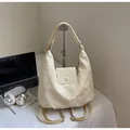 Cream white marble pattern soft leather tote bag with convertible straps and front pocket - Yellow (No Pendant)