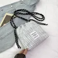 Borsa tote a quadretti blu stile coreano con coulisse e tracolla in corda - Piccolo / Bianco Piccolo