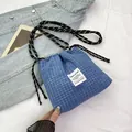 Blue checkered canvas drawstring tote bag with woven shoulder strap and label detail - Small / Blue Small