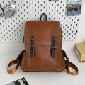 Vintage brown PU leather business laptop backpack with flap and buckle closure - Yellow Brown