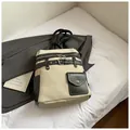 Retro-Leinwand-Rucksack mit beigem Stoff und dunkelbraunen Lederriemen in Variantenfarbe - Gebrochenes Weiß