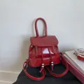 Glossy red vintage backpack with top handle and drawstring closure for women - Red (No Pendant)
