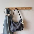 Grey gingham shoulder bag with a cute plush moon pendant and black strap details - With Pendant / Black