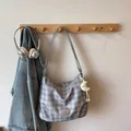 Gray and white gingham shoulder tote bag with a moon pendant and leather brand tag - With Pendant / Silver