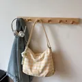 Yellow plaid underarm bag with moon plush pendant and stylish square checker pattern - With Pendant / Khaki